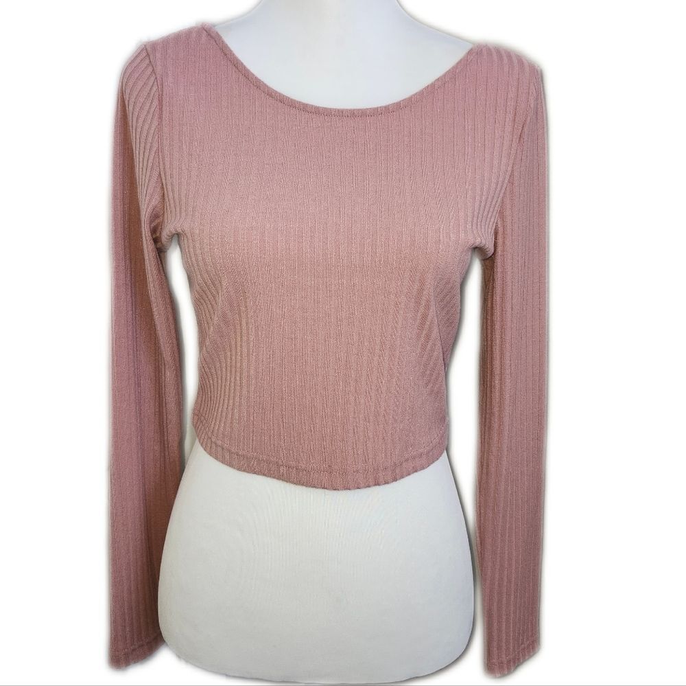 Mauve Pink Ribbed Scoop Neck Long Sleeved Cropped Tee T-shirt, L